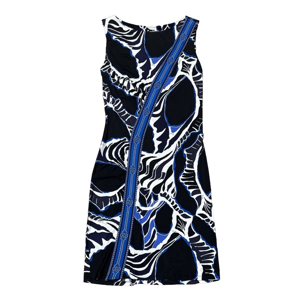 Emilio Pucci Dress Blue Black Abstract Signature Mini Gathered Semi Sheer XS